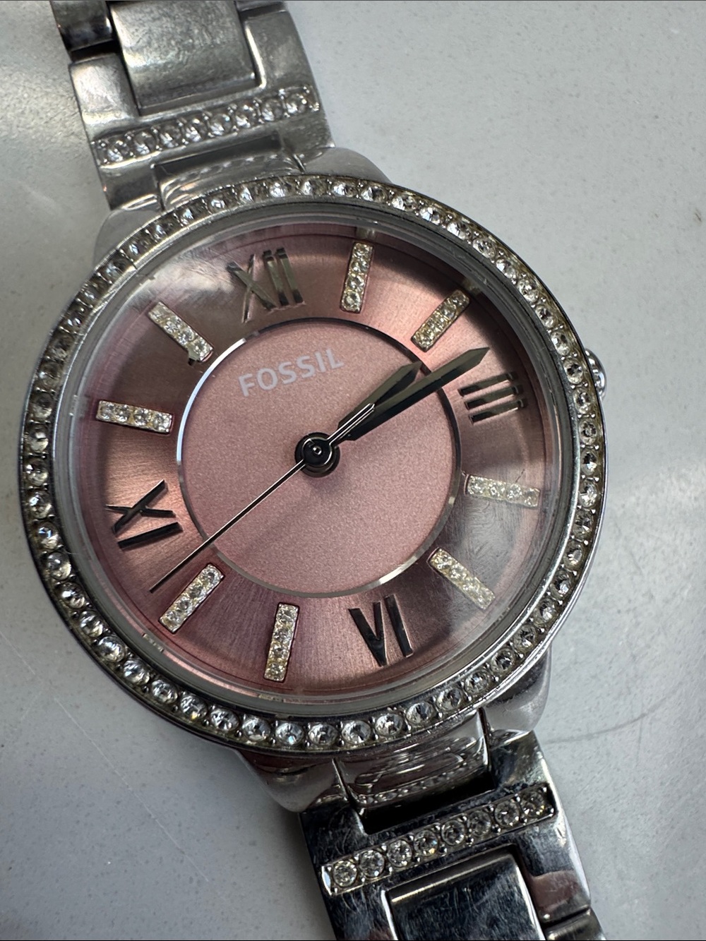 Fossil Virginia Stainless Steel 3 hand watch Pink Dial Crystals